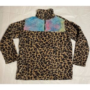 Cheetah Leopard‎ Print Sweatshirt Size L Tie Dye Fleece Jacket 1/4 Zip W/Pockets